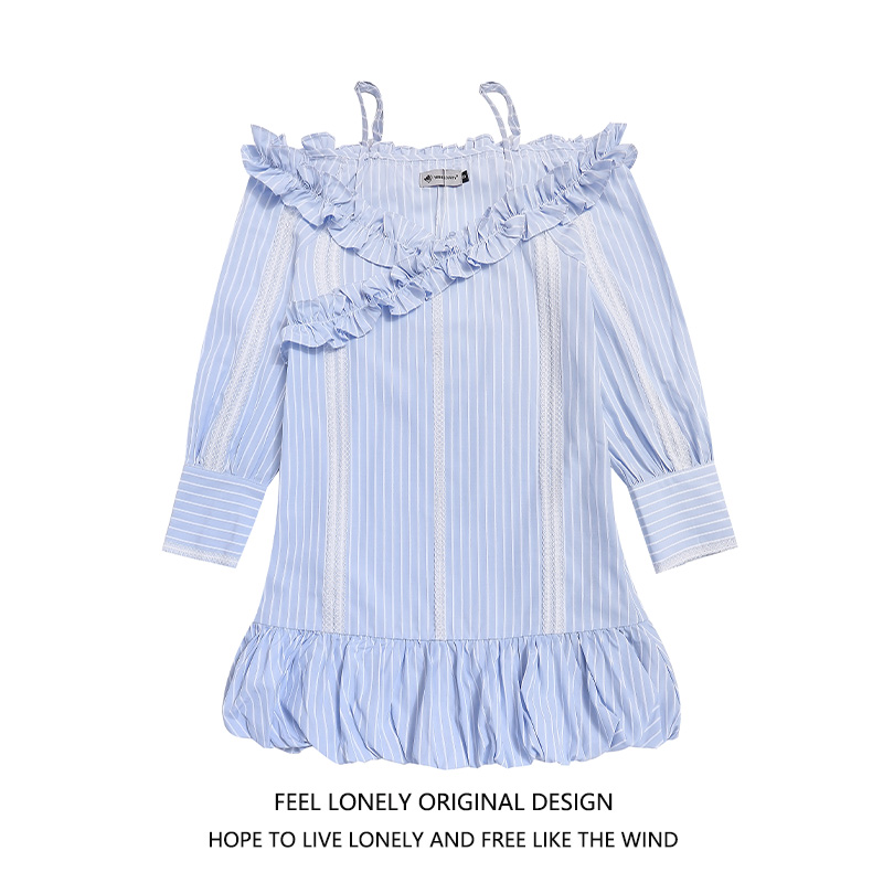 韩系假两件一字肩条纹长袖衬衫