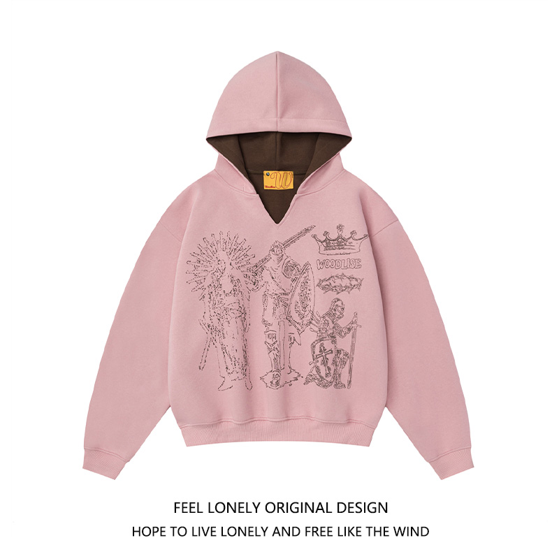 复古人物印花撞色拼接连帽卫衣