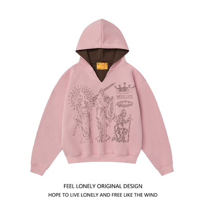 复古人物印花撞色拼接连帽卫衣