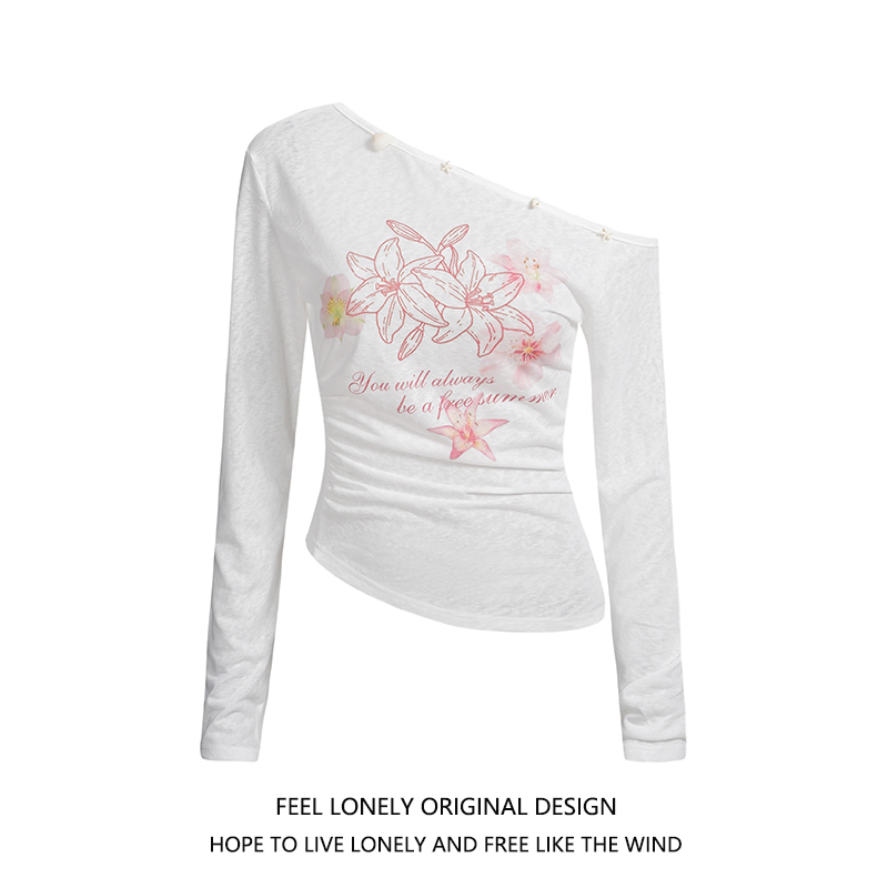 辣妹花卉印花斜肩长袖T恤女夏季