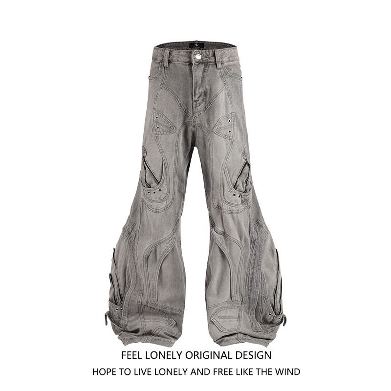 美式高街重工做旧解构弯刀牛仔裤