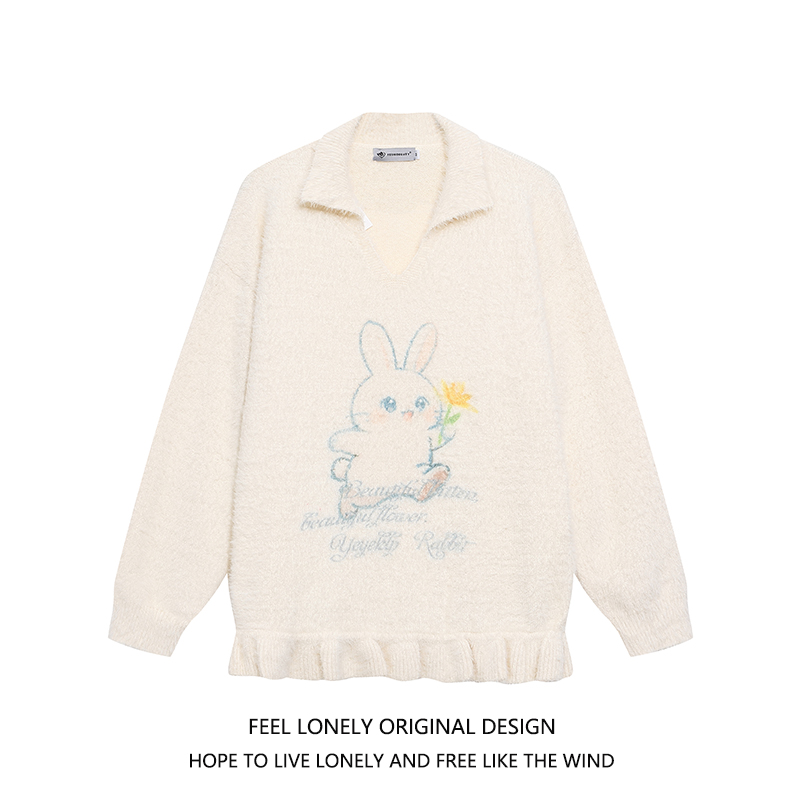 Feel lonely 可爱甜美小兔子POLO领毛衣女秋冬季宽松设计感针织衫