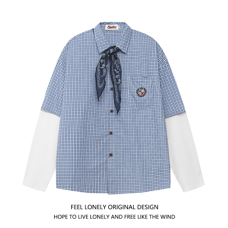 美式复古假两件丝巾长袖衬衫