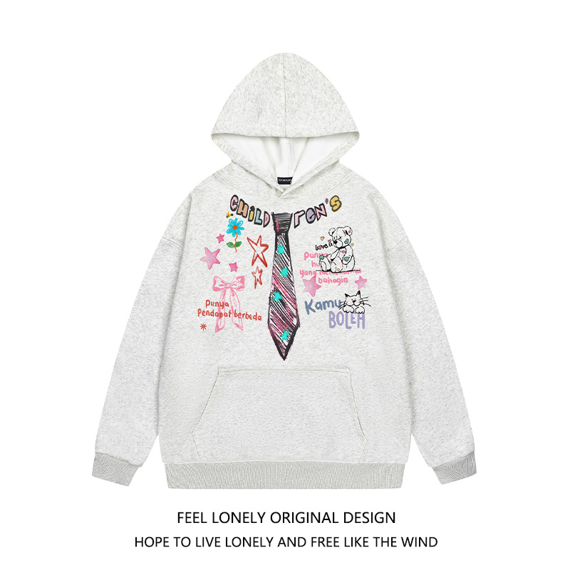 学院风手绘领带涂鸦连帽加绒卫衣