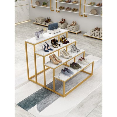 服装店中岛展示架鞋架高低阶梯式长方形展示台创意仿大理石流水台