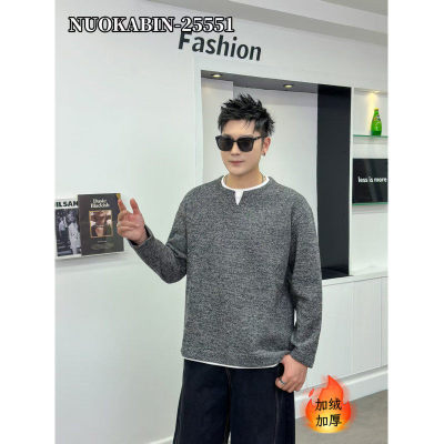 撞色拼接假两件卫衣男2025新款秋季设计感V领针织打底衫男款上衣