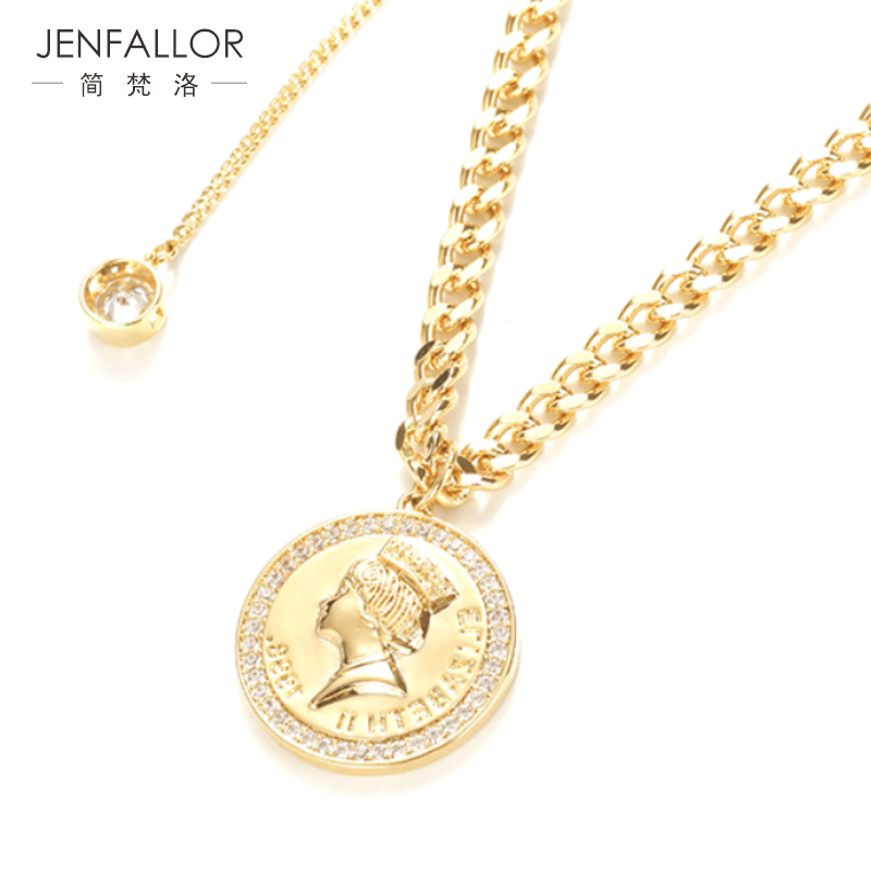 简梵洛欧美设计感嘻哈项链女金币吊坠复古链条网红冷淡风链子饰品