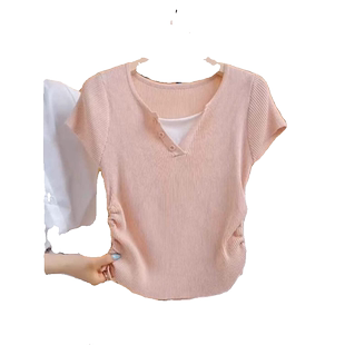 粉色冰丝针织衫短袖t恤女装夏季大码微胖褶皱收腰假两件上衣小衫