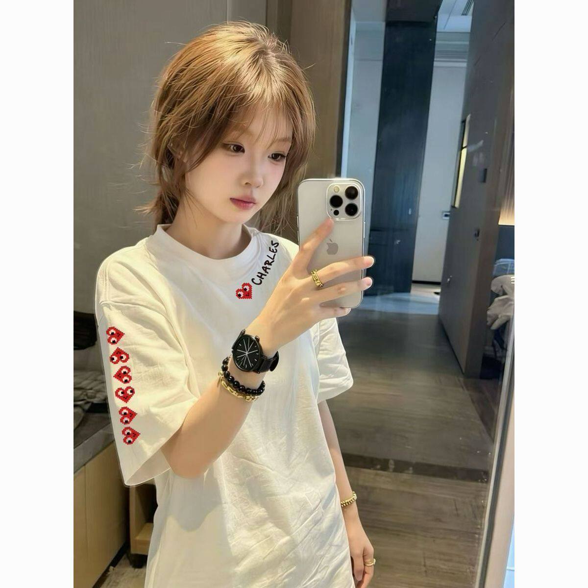 美式潮牌爱心短袖T恤少女图片