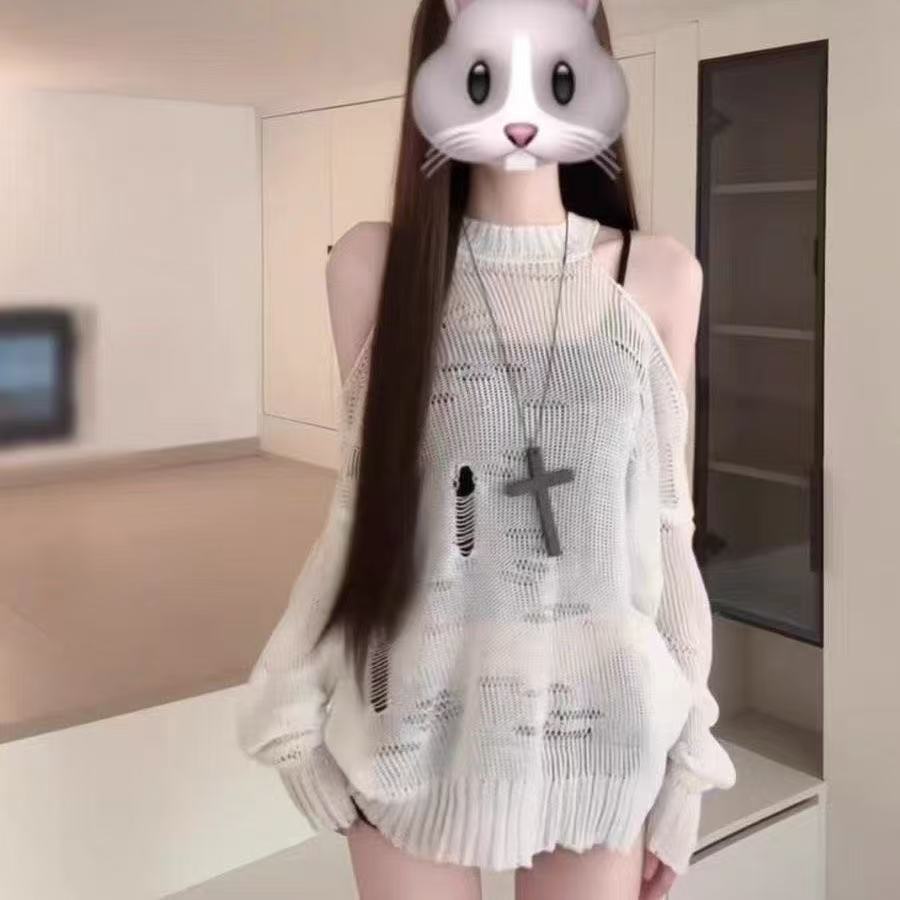 美式辣妹白色长袖挂脖镂