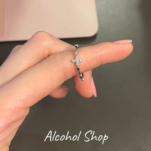 Alcohol Shop自制银色十字架锆石冷淡极简高级开口细戒指尾戒