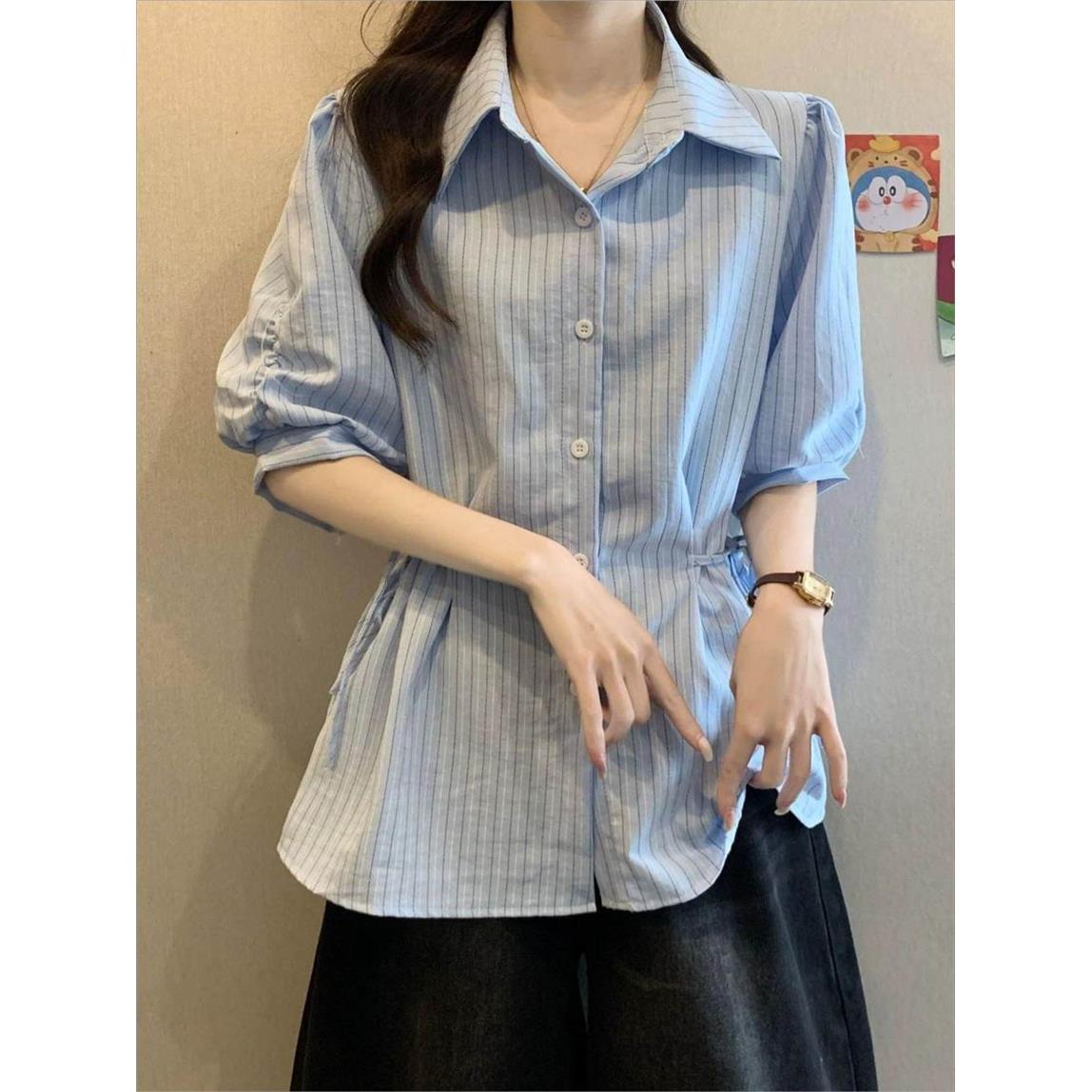 蓝色条纹女装法式短袖气