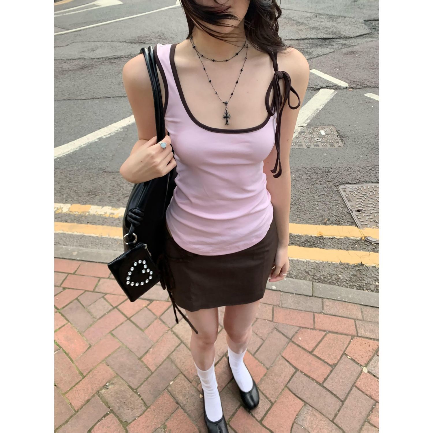 美式辣妹蝴蝶结系带撞色