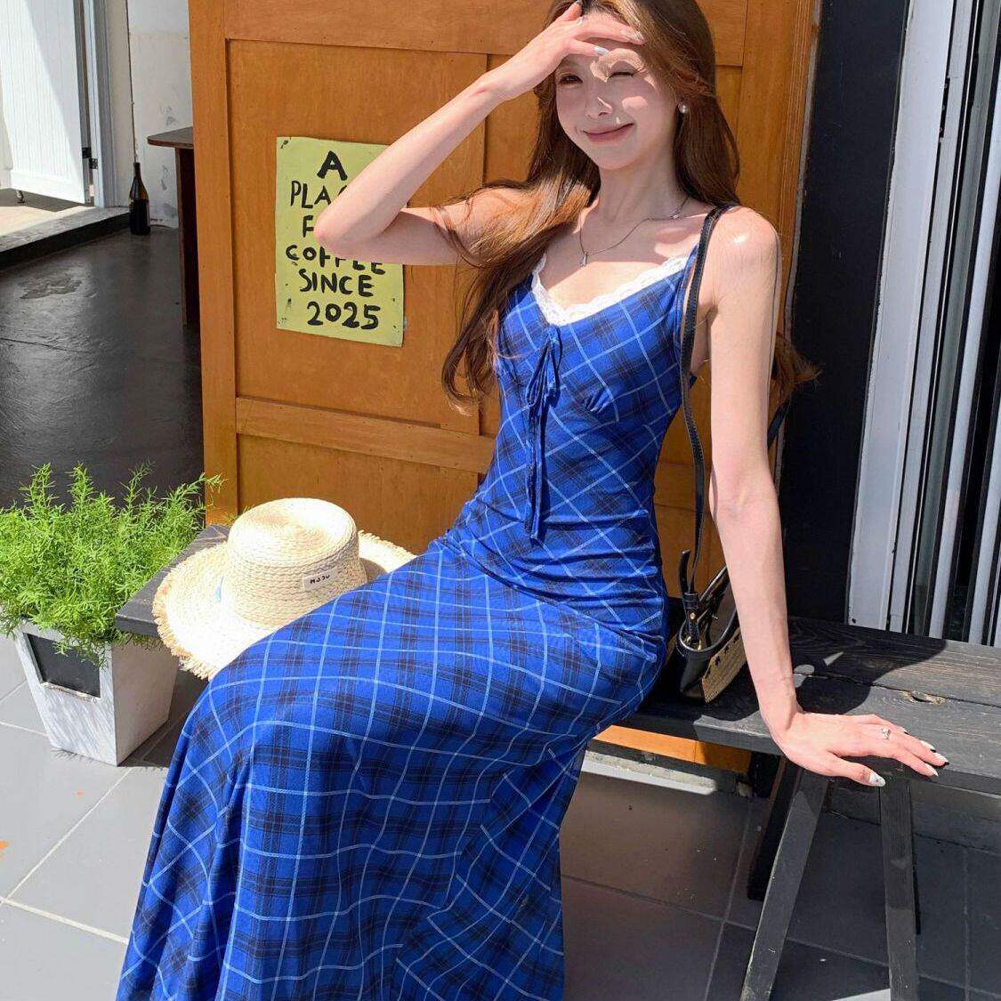 法式蓝色洋装夏季吊带蕾