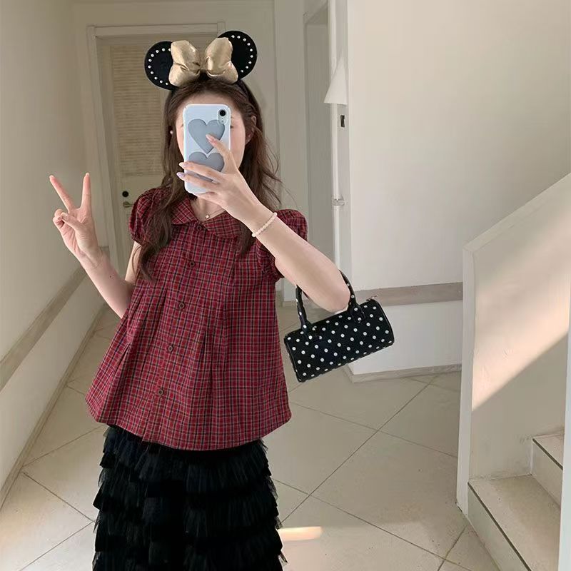 复古格子短袖衬衫显瘦百