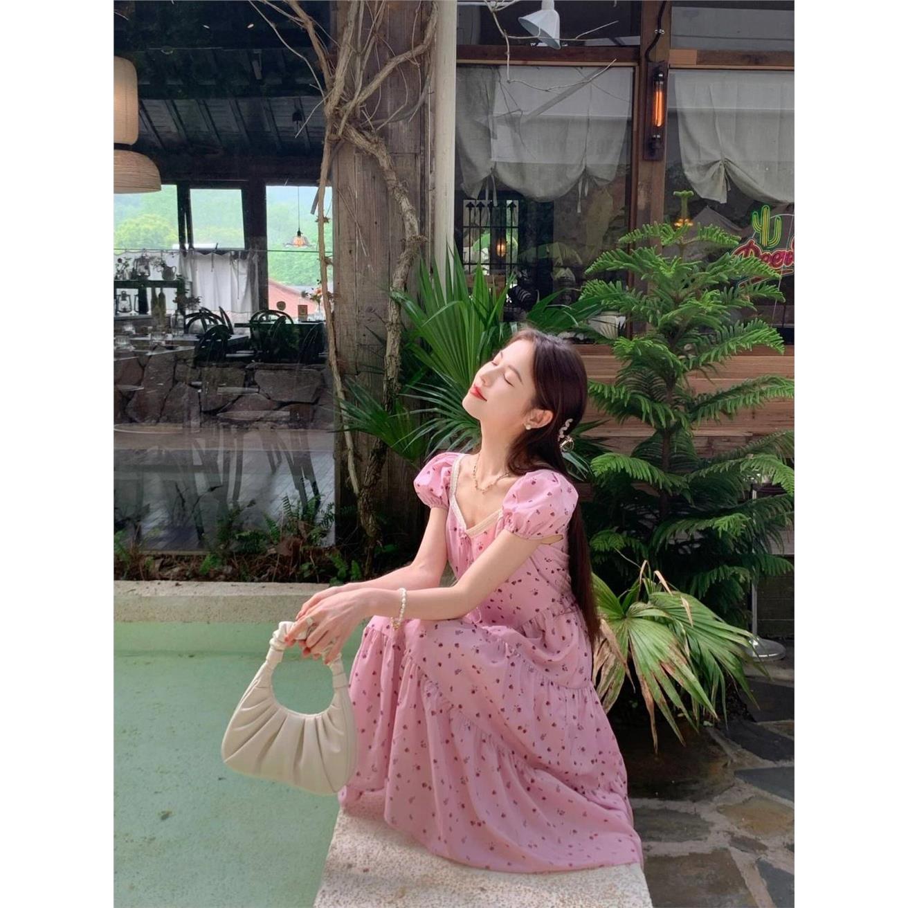 夏季新款粉色法式碎花连