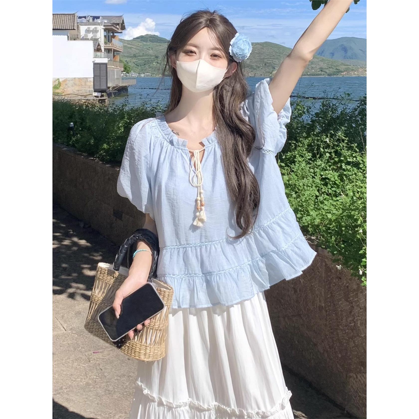 蓝色短袖圆领上衣女夏法