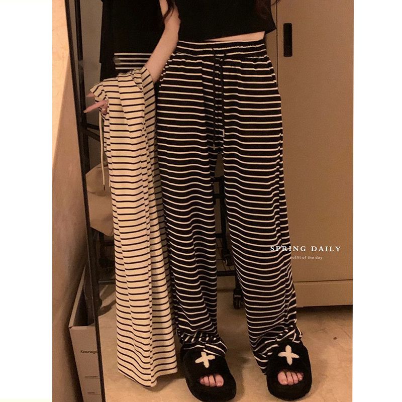 条纹阔腿休闲裤女春秋季2
