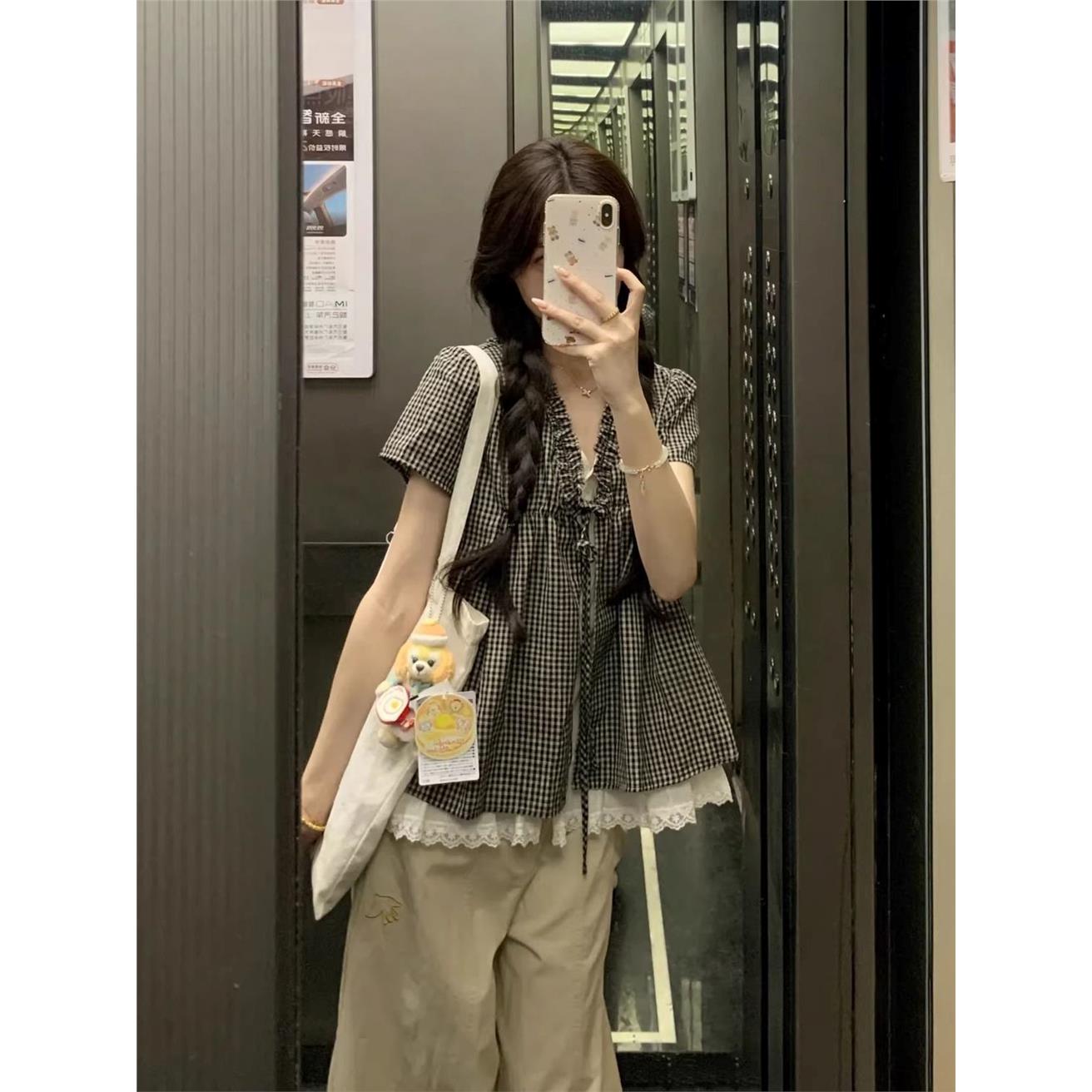 韩系假两件格子拼接木耳