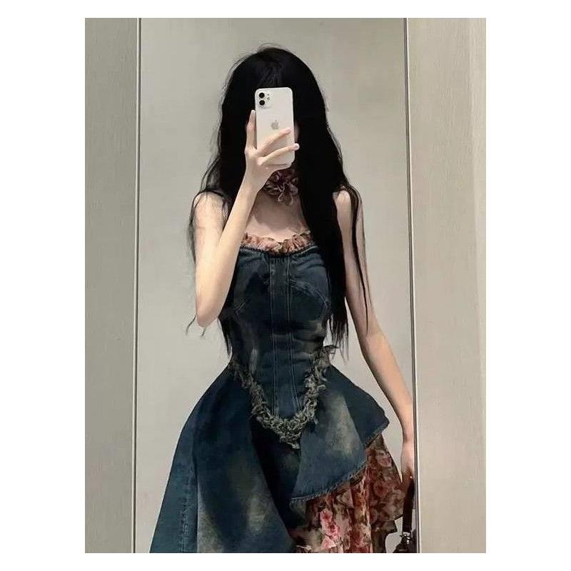 绝美甜辣妹法式抹胸牛仔