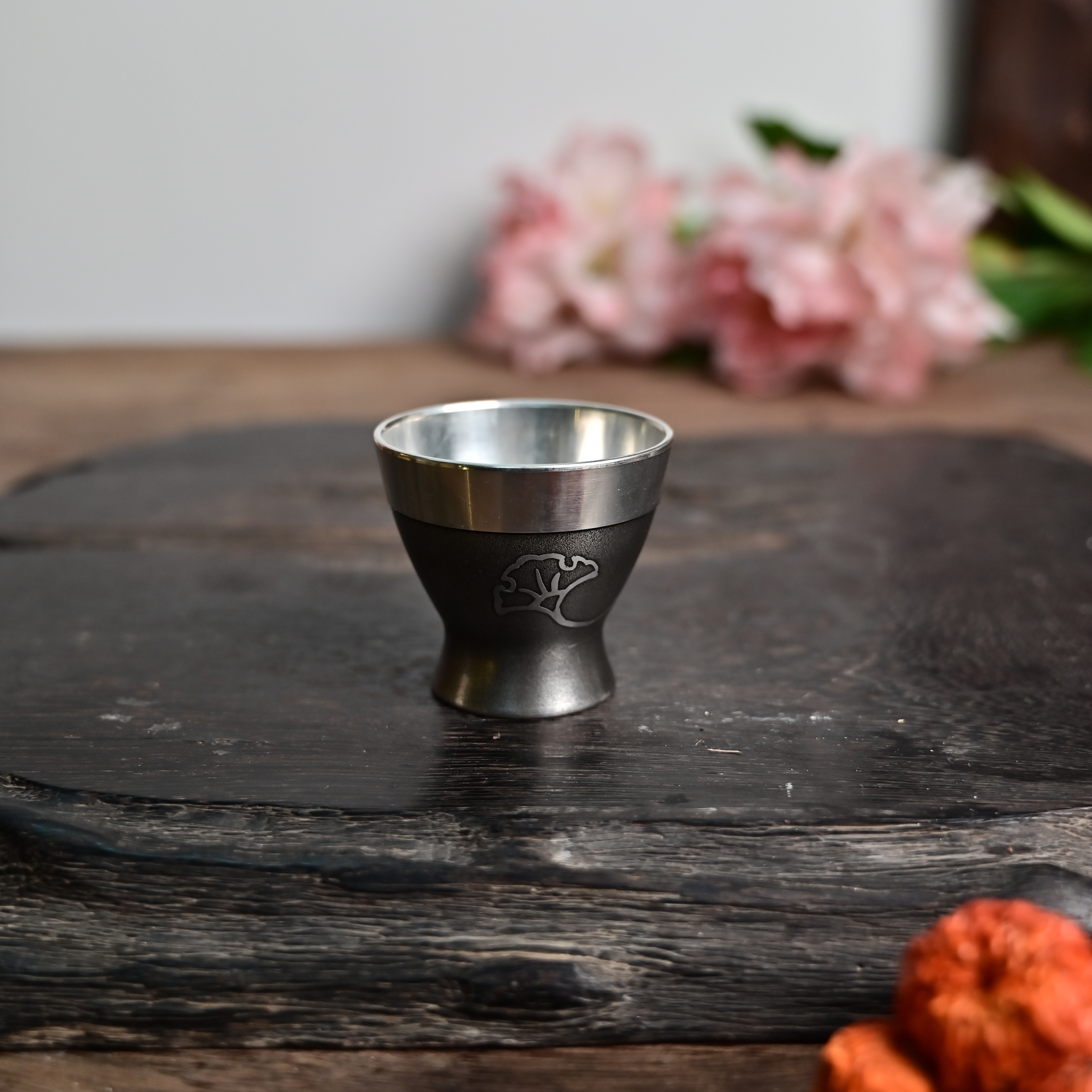 日本回流锡器雕刻茶杯高脚茶具