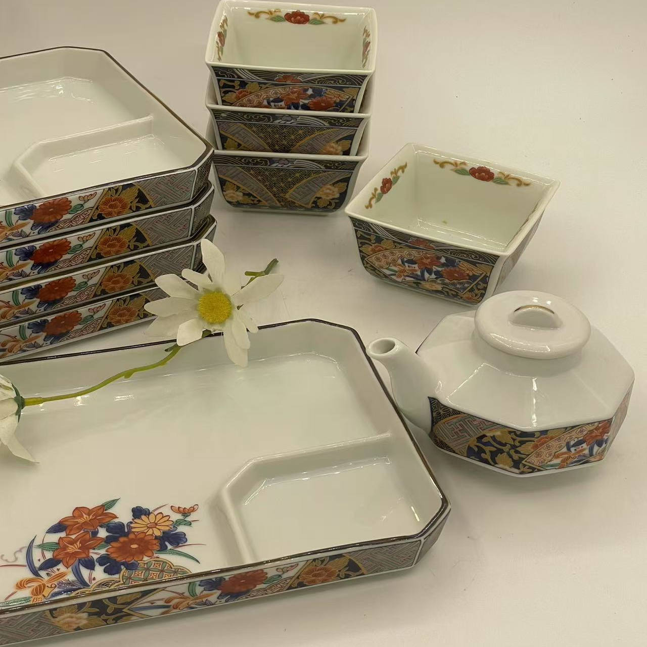 日本回流陶瓷餐具茶具托盘方形碗分区盘茶壶套装