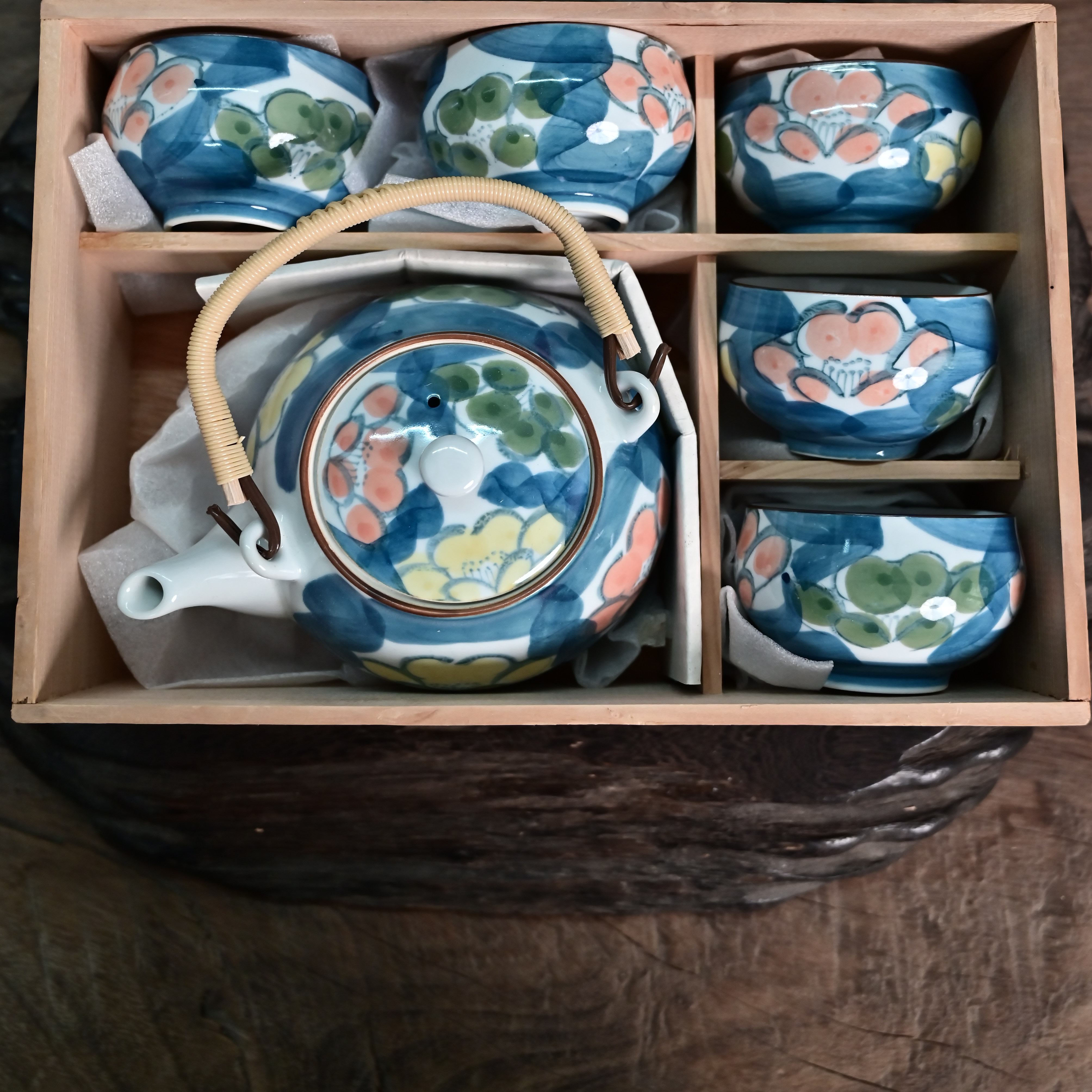 日本回流中古有田烧手绘花卉茶具套 一壶五杯
