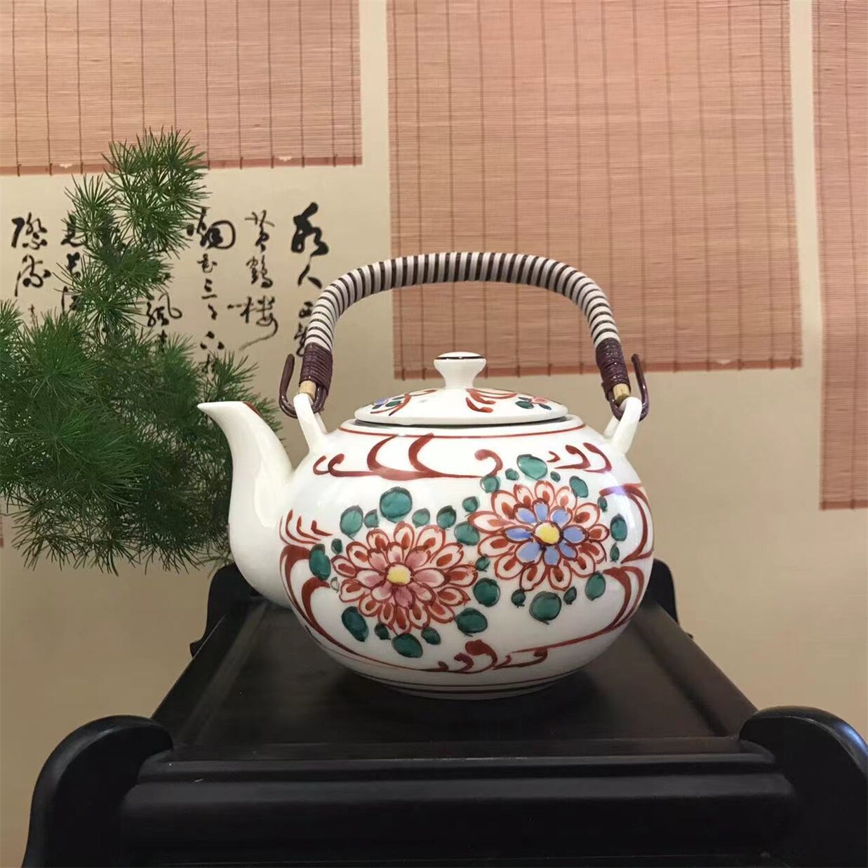 日本九谷烧陶瓷赤绘手绘编织提梁茶水壶茶壶单壶提梁壶