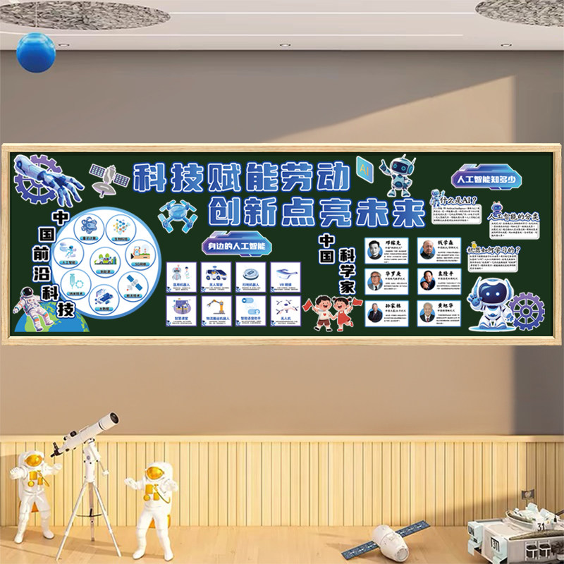 小学科技创新强国AI技术机器人科学家发明人工智能主题黑板报贴纸