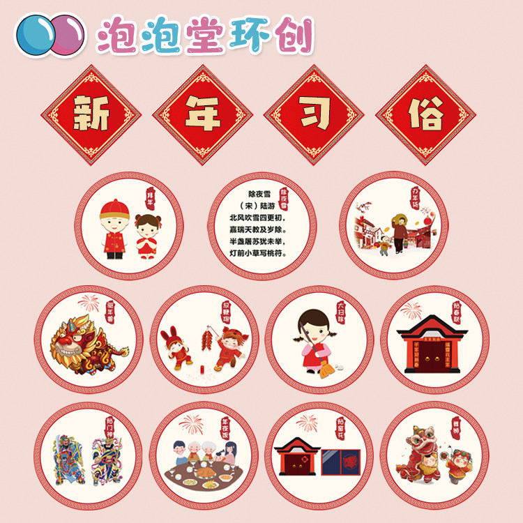 幼儿园中国红过年春节元旦传统节日习俗文化喜庆氛围布置海报墙贴