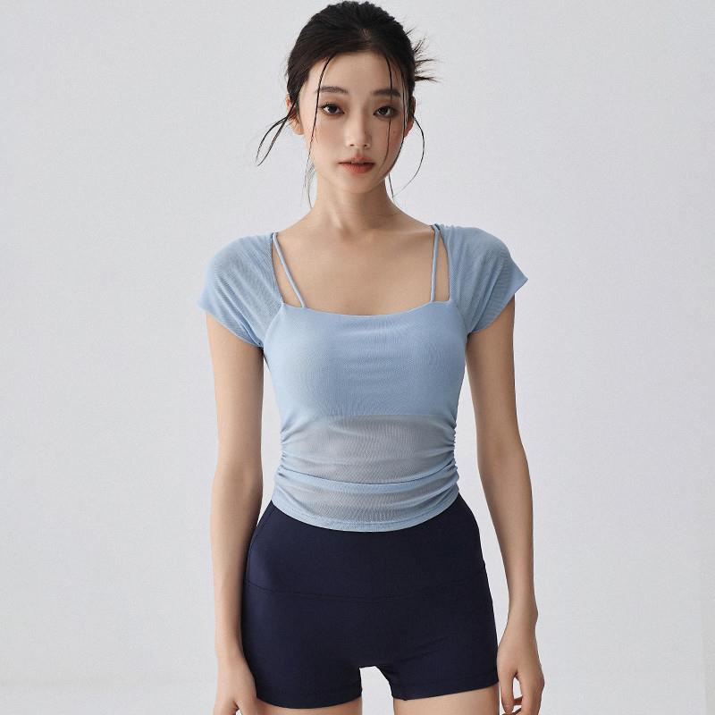 假两件网纱固定杯运动内衣女外穿跑步带胸垫瑜伽服短袖健身上衣