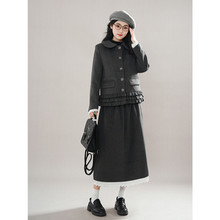 日系留洋千金风木耳边娃娃领夹棉西装外套+蕾丝花边伞裙两件套装