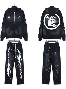 潮牌宽松两件套连帽卫衣直筒裤印花洗水做旧美式复古运动男女套装