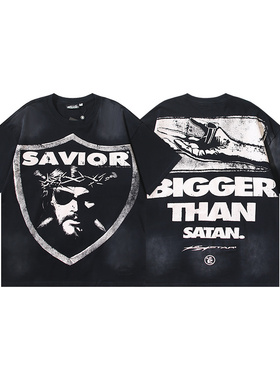 美式嘻哈风字母印花短袖T恤男女款宽松水洗做旧潮牌oversize上衣