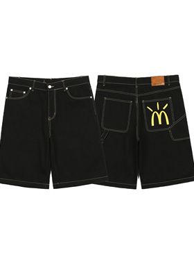 TRAVISSCOTT重工美式复古字母刺绣水洗牛仔短裤男士宽松做旧潮牌