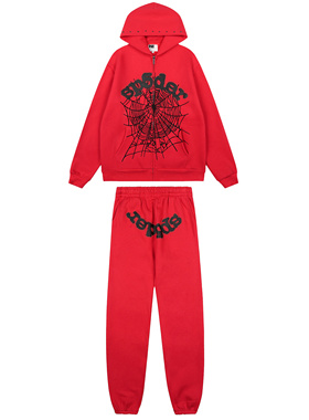 Sp5der街头蜘蛛网字母印花连帽加绒卫衣束脚裤套装男女款红色拉链
