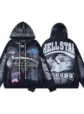 美式街头风涂鸦印花连帽卫衣男女情侣宽松型复古高街帽衫毛圈布潮