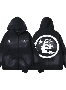 重磅高街风美式复古印花连帽卫衣男女情侣装水洗做旧拉链外套开衫