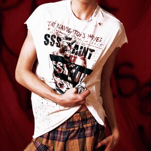 Sssaint Louis美潮嘻哈街头泼墨涂鸦水洗做旧破坏无袖背心汗衫男