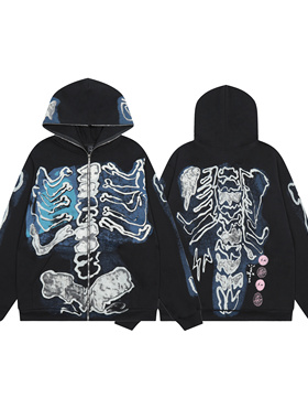 TRAVISSCOTT哥特风骷髅印花连帽开衫卫衣男女宽松拉链加绒外套潮