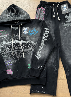 地狱之星洗水做旧毛圈高街复古涂鸦连帽卫衣套装男女款青少年长袖