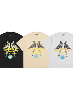 复古风REPRESENT天使翅膀印花T恤男女宽松圆领纯棉上衣潮短袖INS