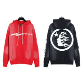 美式 潮牌泼墨印花连帽套头卫衣男女款 宽松水洗复古情侣hoodie外套