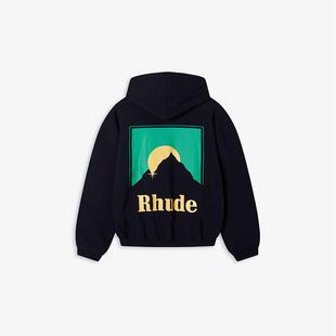 RHUDE万宝路经典美潮秋冬运动休闲落日雪山印花宽松纯棉连帽卫衣