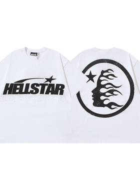 美潮地狱之星字母印花短袖T恤男女宽松高街烫钻复古做旧洗水上衣