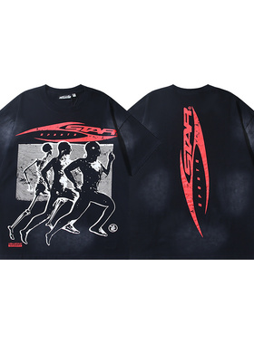 美潮街头字母印花短袖T恤男女休闲宽松oversize洗水做旧圆领上衣