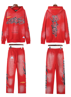 高街风红色洗水连帽卫衣套装男女宽松做旧字母印花运动休闲两件套