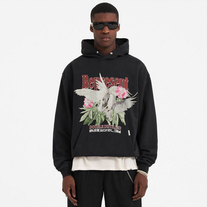 represent男女情侣款卫衣鸽子花卉印花宽松纯棉重磅潮流连帽衫fog