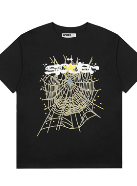 美式街头蜘蛛网印花短袖T恤SP5DER男女高街宽松休闲黑色上衣夏季