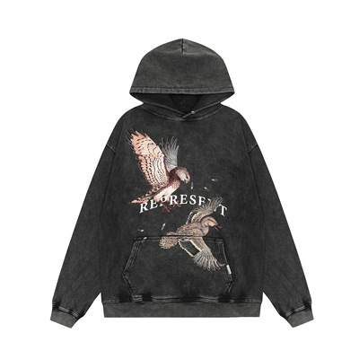 美式REPRESENT高街风水洗做旧老鹰印花连帽卫衣男女宽松套头帽衫